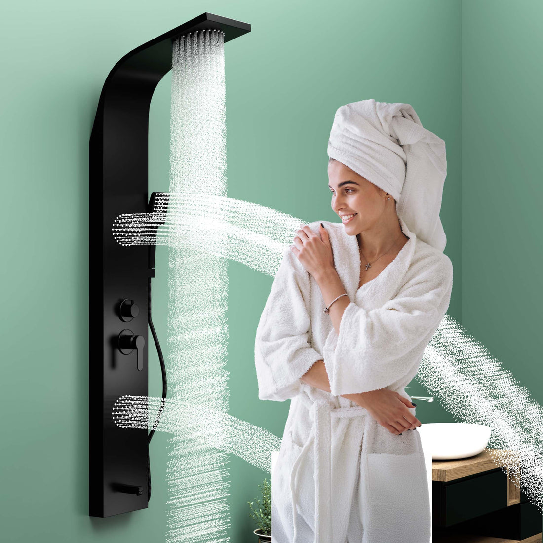 InArt bathroom shower panels in 304 stainless steel, rectangular matte black shower panel tower with mixer