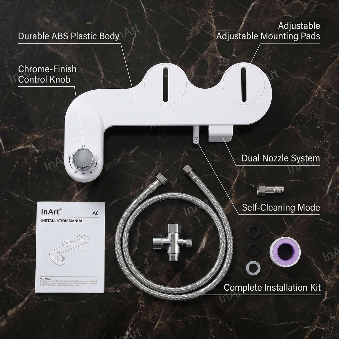 InArt bio bidet elite 3 non electric bidet attachment in white, plastic toilet seat bidet with handle