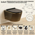Close-up of black and gold rimless bowl on wall mounted western toilet, easy clean sanitaryware finish