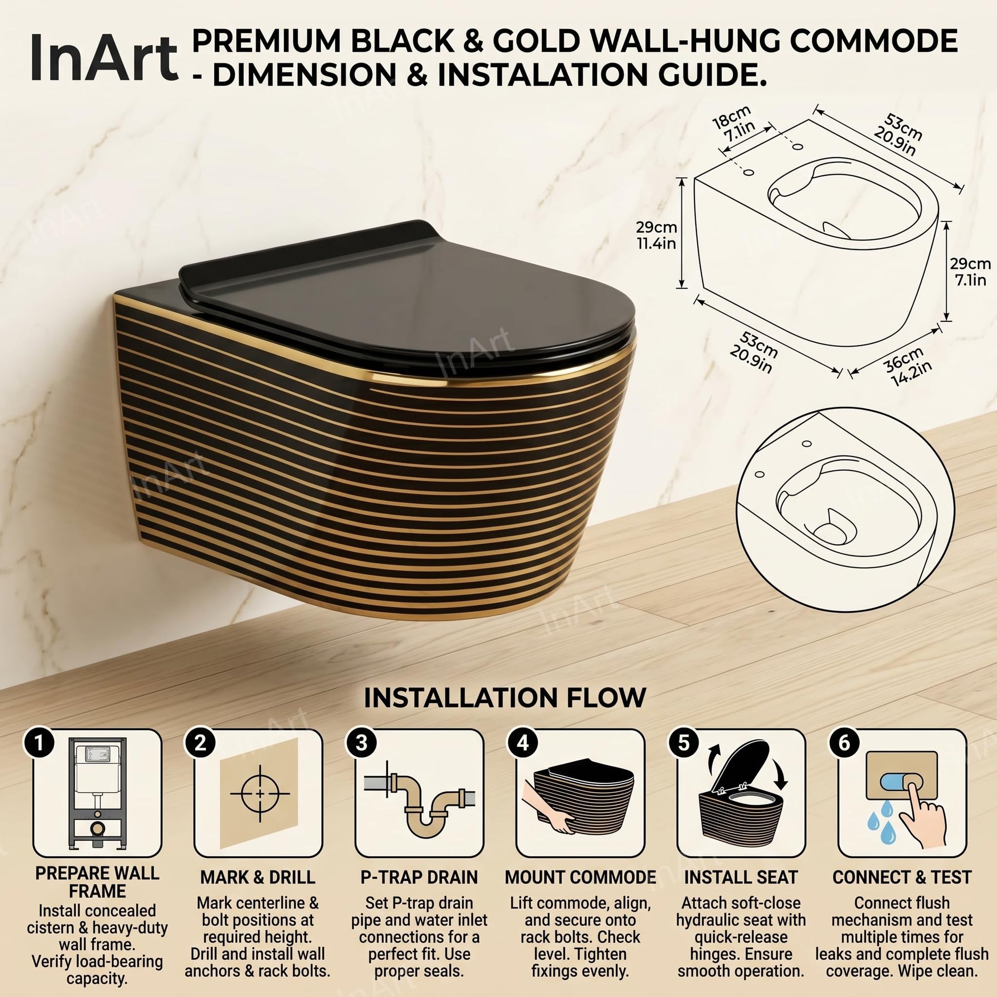 Close-up of black and gold rimless bowl on wall mounted western toilet, easy clean sanitaryware finish
