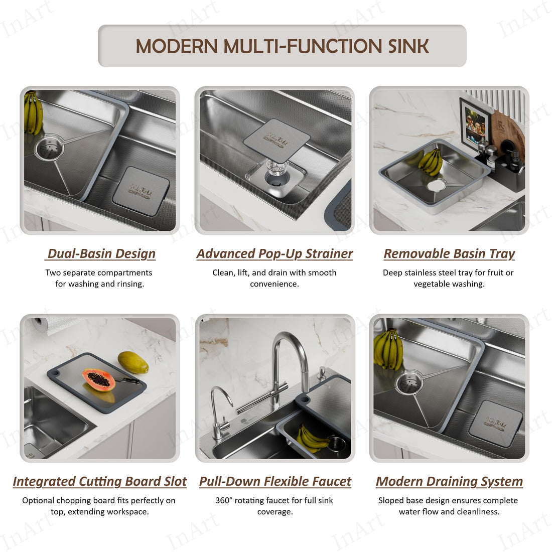 InArt stainless steel silver waterfall kitchen sink - full front view with modern undermount design