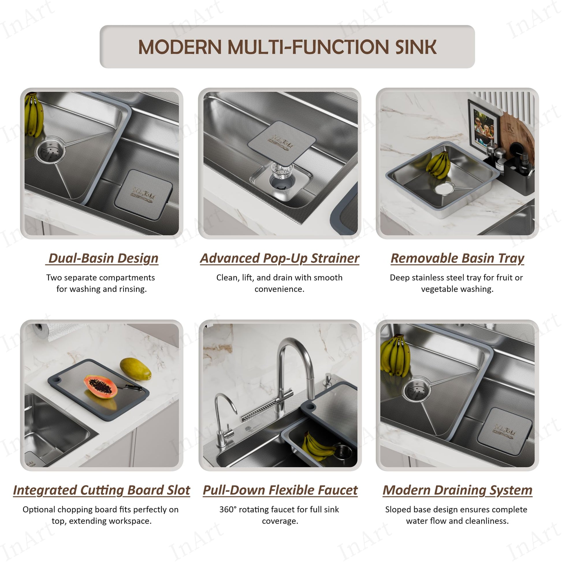 InArt stainless steel silver waterfall kitchen sink - detailed basin corner and drain assembly view