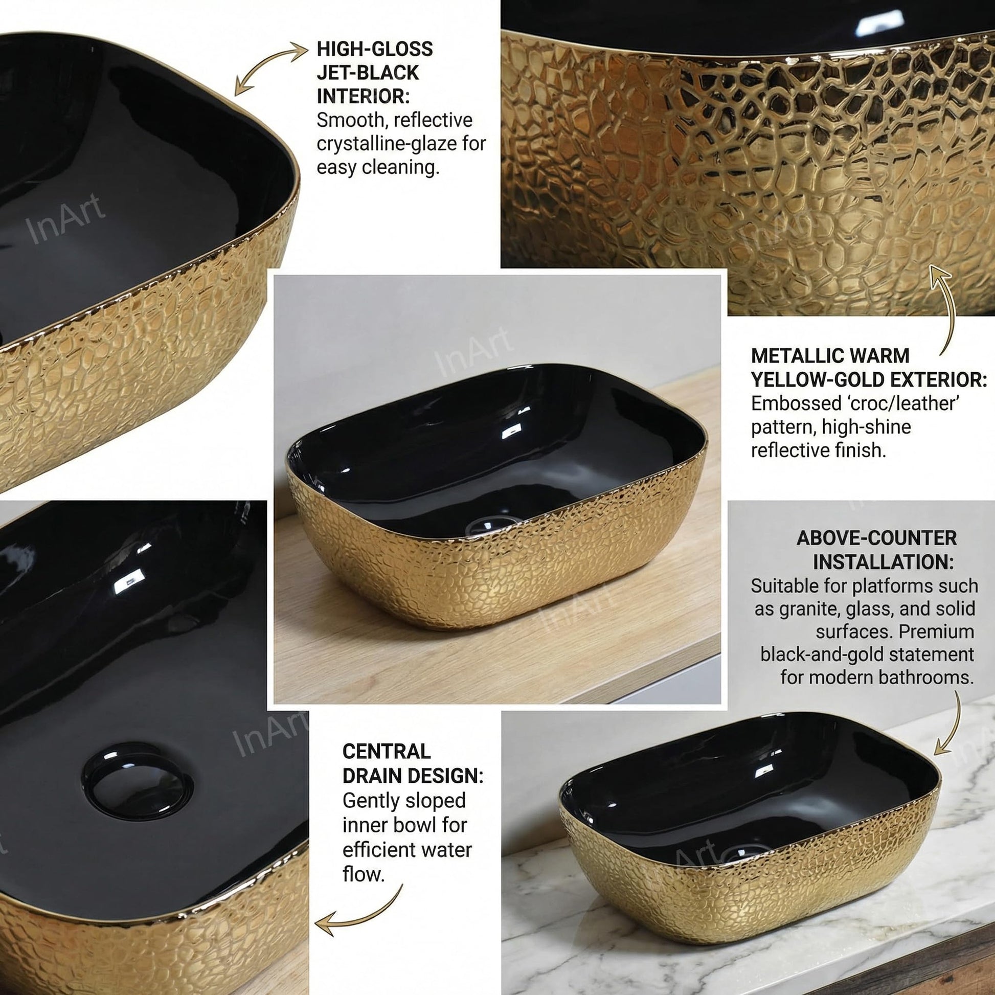 Modern ceramic wash basin design, black gold table top wash basin black finish, 3/4 angle view