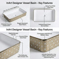 Modern bathroom wash basin with vanity look, glossy gold rectangular ceramic table top basin, side angle