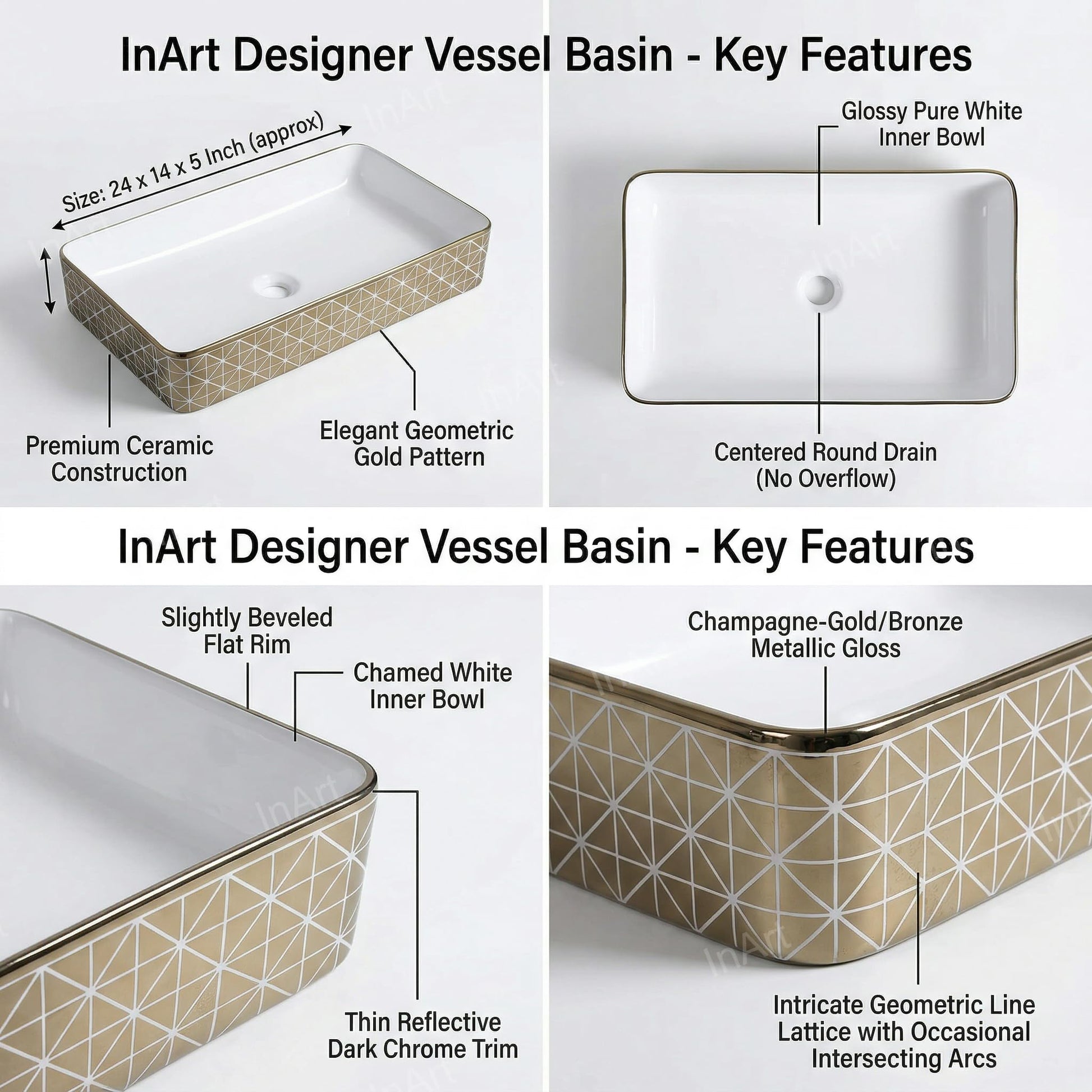 Modern bathroom wash basin with vanity look, glossy gold rectangular ceramic table top basin, side angle