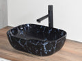 InArt ceramic table top wash basin design, rectangular glossy black marble colour, front view