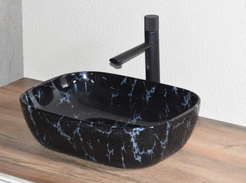 InArt ceramic table top wash basin design, rectangular glossy black marble colour, front view