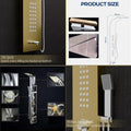 Multi function bathroom shower panel tower system with rainfall shower, waterfall outlet and body jets, gold