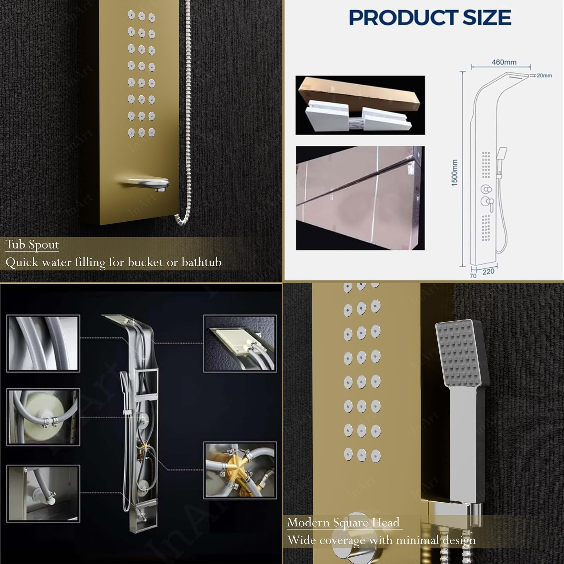 Multi function bathroom shower panel tower system with rainfall shower, waterfall outlet and body jets, gold