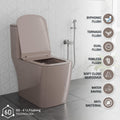 InArt hydraulic soft close seat on pink one piece closet, square ceramic western commode top view