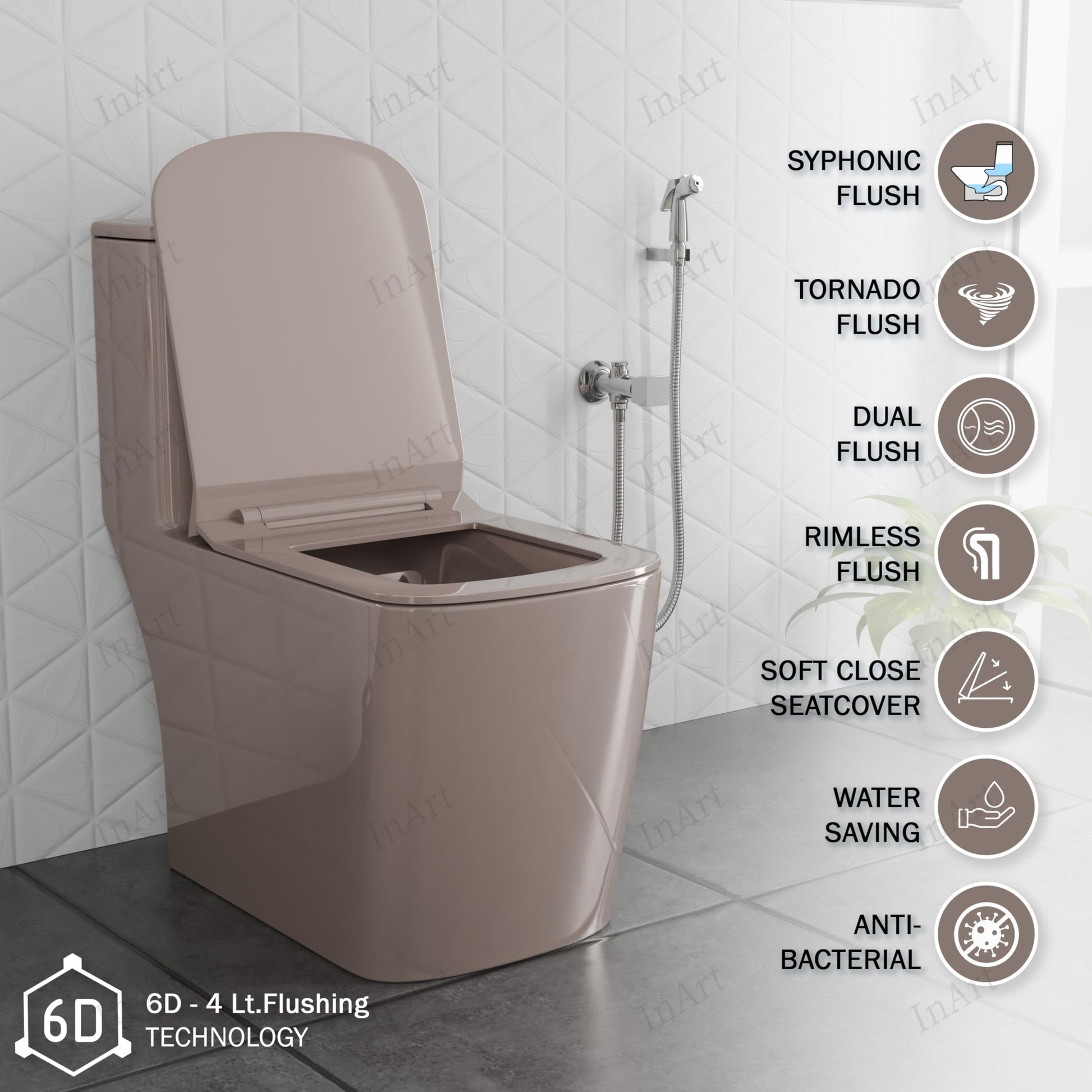 InArt hydraulic soft close seat on pink one piece closet, square ceramic western commode top view