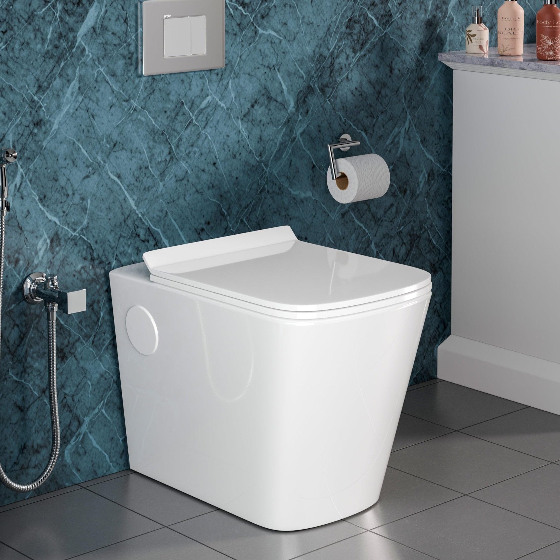 InArt ceramic floor mounted water closet, elongated oval commode in glossy white with soft close seat