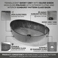 Modern table top wash basin design in black silver glass, side angle showing oval rim