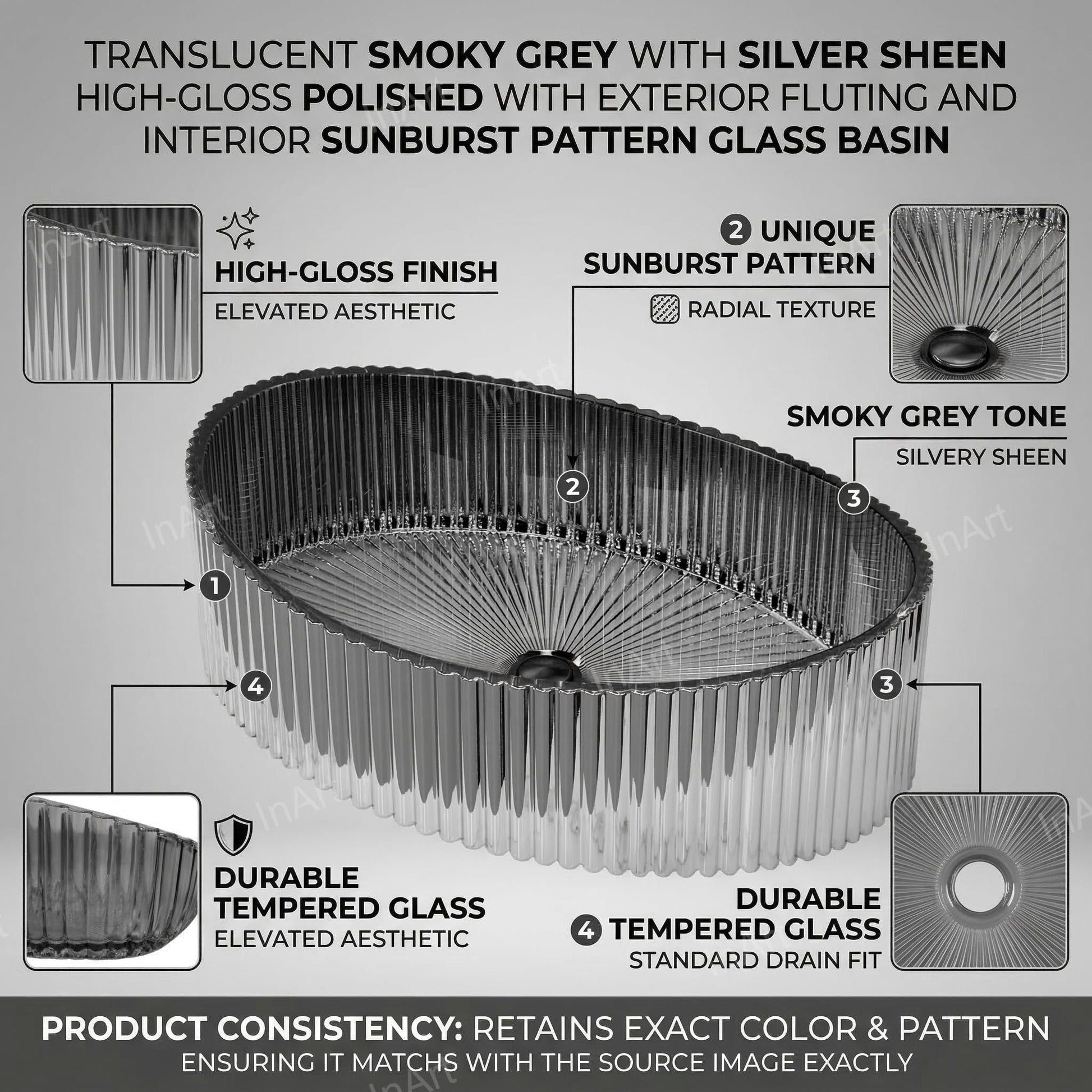 Modern table top wash basin design in black silver glass, side angle showing oval rim