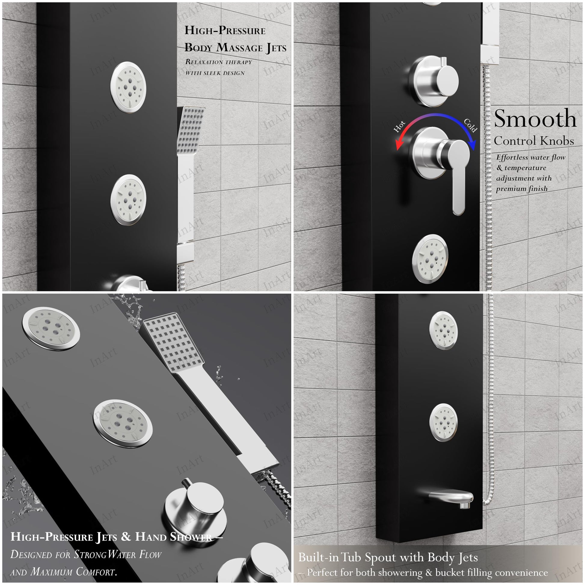 Waterfall outlet detail on matte black shower panel system, modern bathroom shower tower design