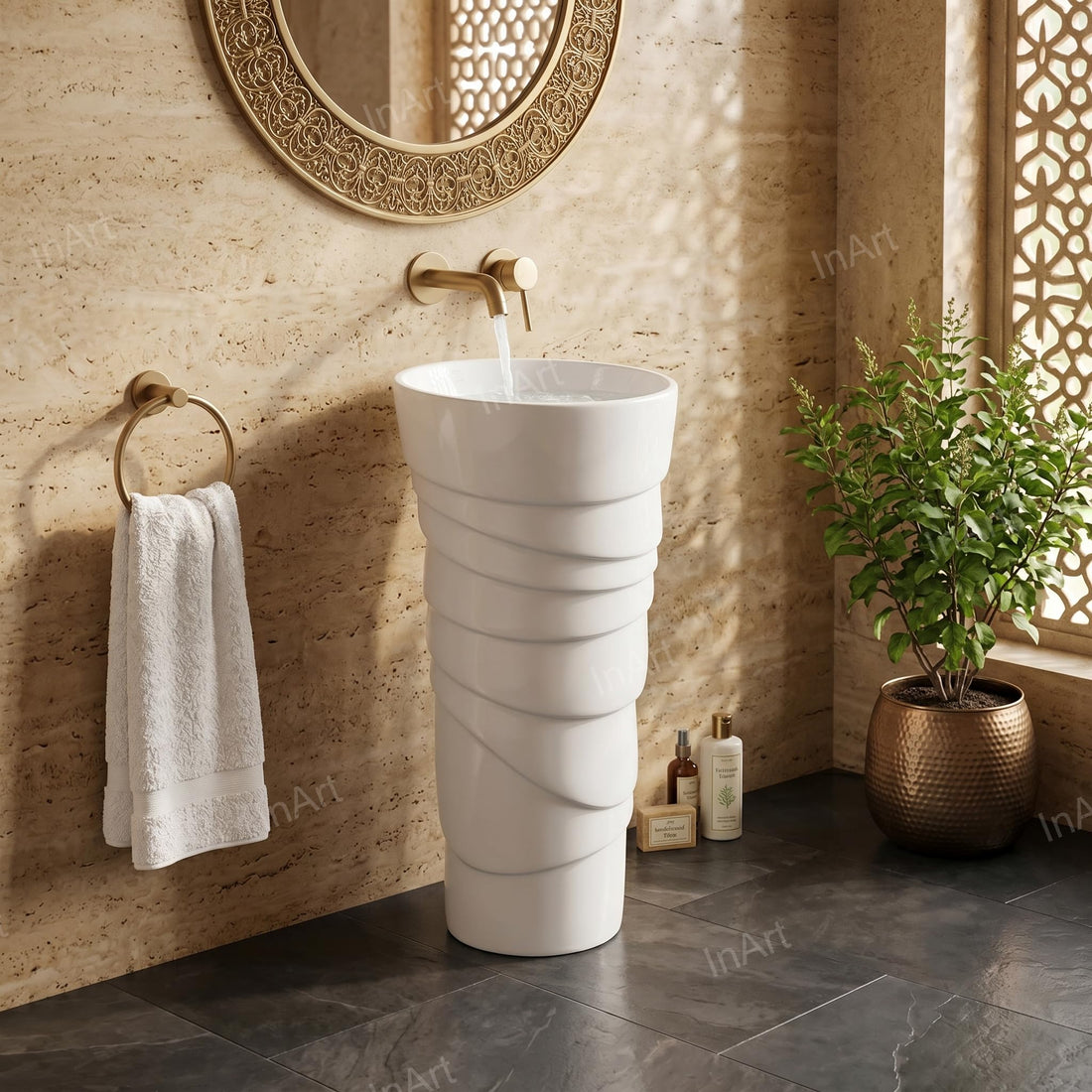 InArt free standing wash basin in glossy white ceramic, round one piece pedestal, front view