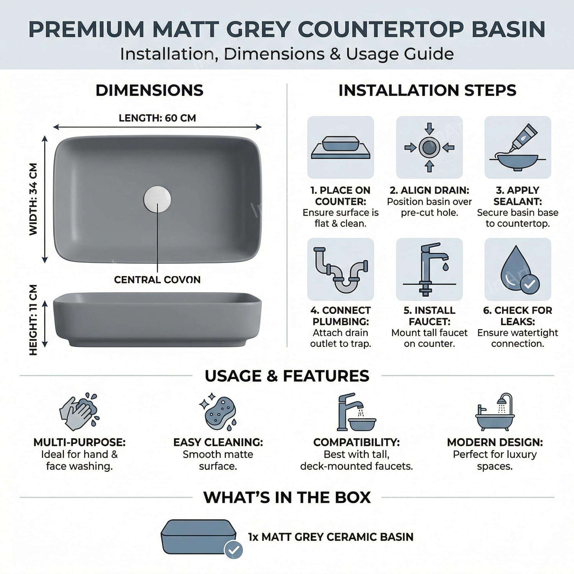 InArt table top wash basin with cabinet setup idea, matt grey ceramic counter top basin for bathroom or living room
