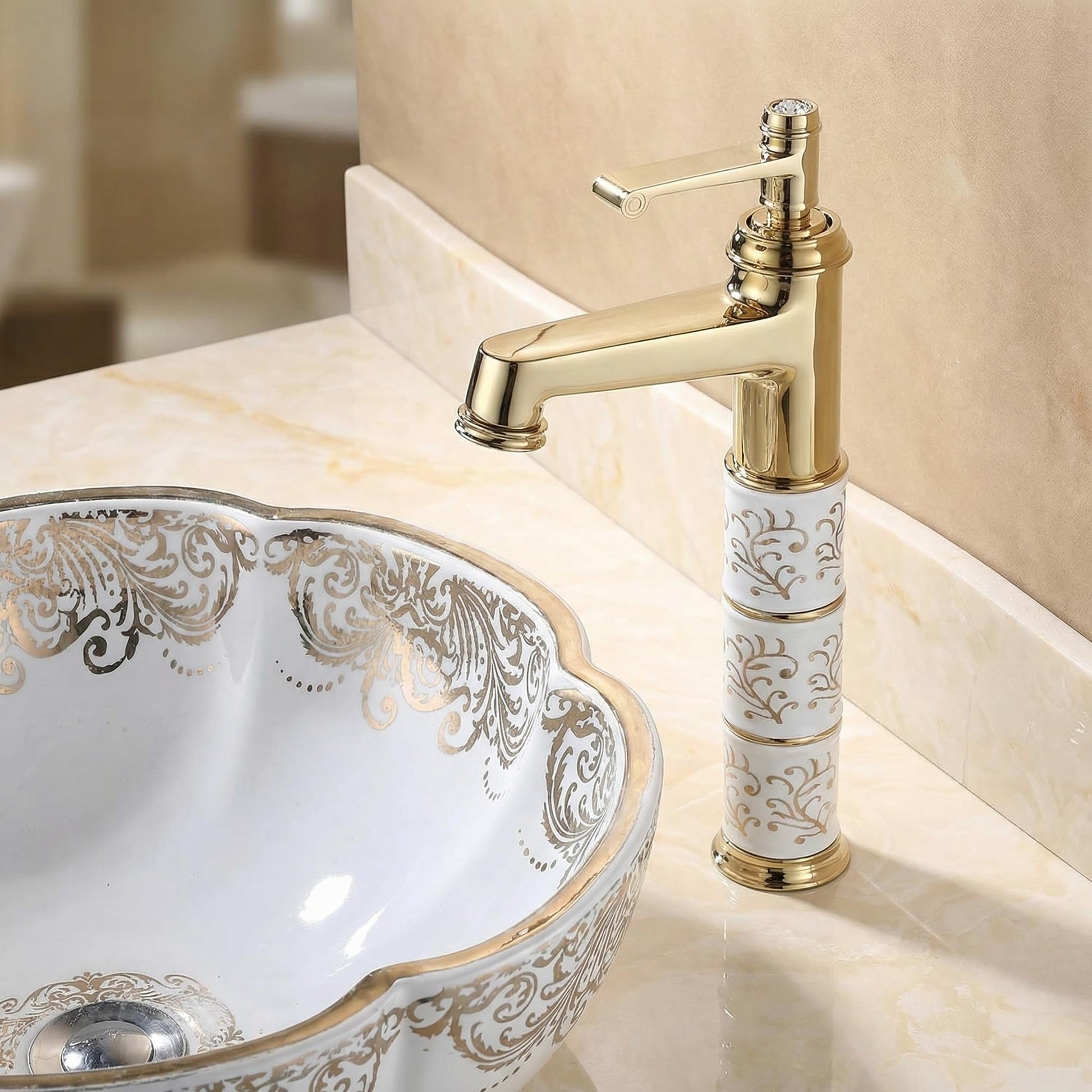 InArt brass single lever basin mixer tap in golden finish for bathroom wash basin, front view