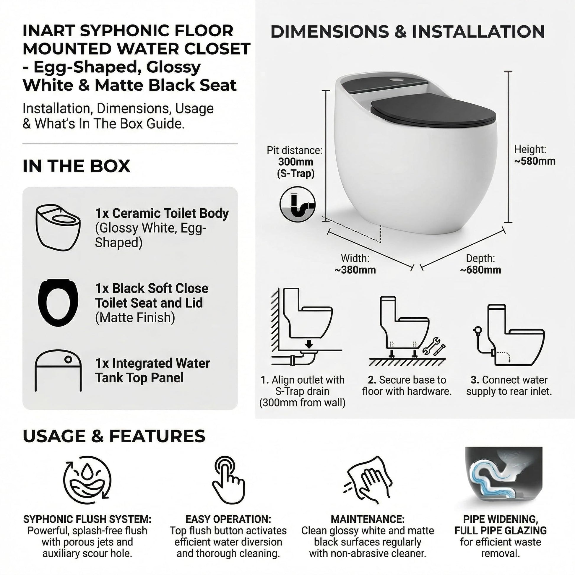 S trap one piece toilet 12 inch rough-in style, bottom view of floor mounted ceramic western toilet outlet