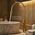 InArt brass basin tap with single lever handle, close-up of gold finish and smooth control for hot and cold