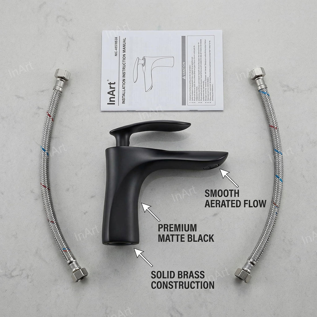 InArt wash basin mixer taps in matte black brass, single lever basin mixer for bathroom