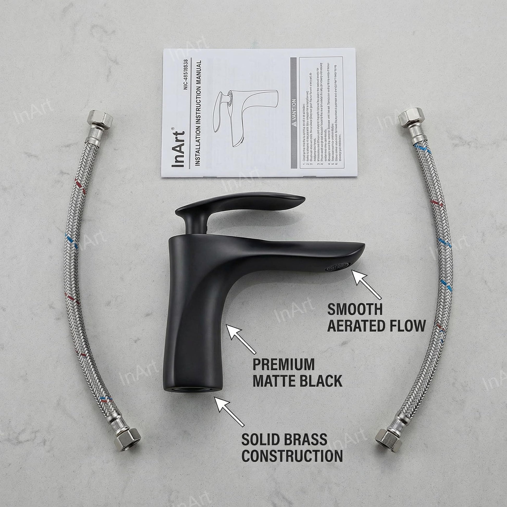 Matte black single lever basin mixer tap, side angle view for modern bathroom wash basin