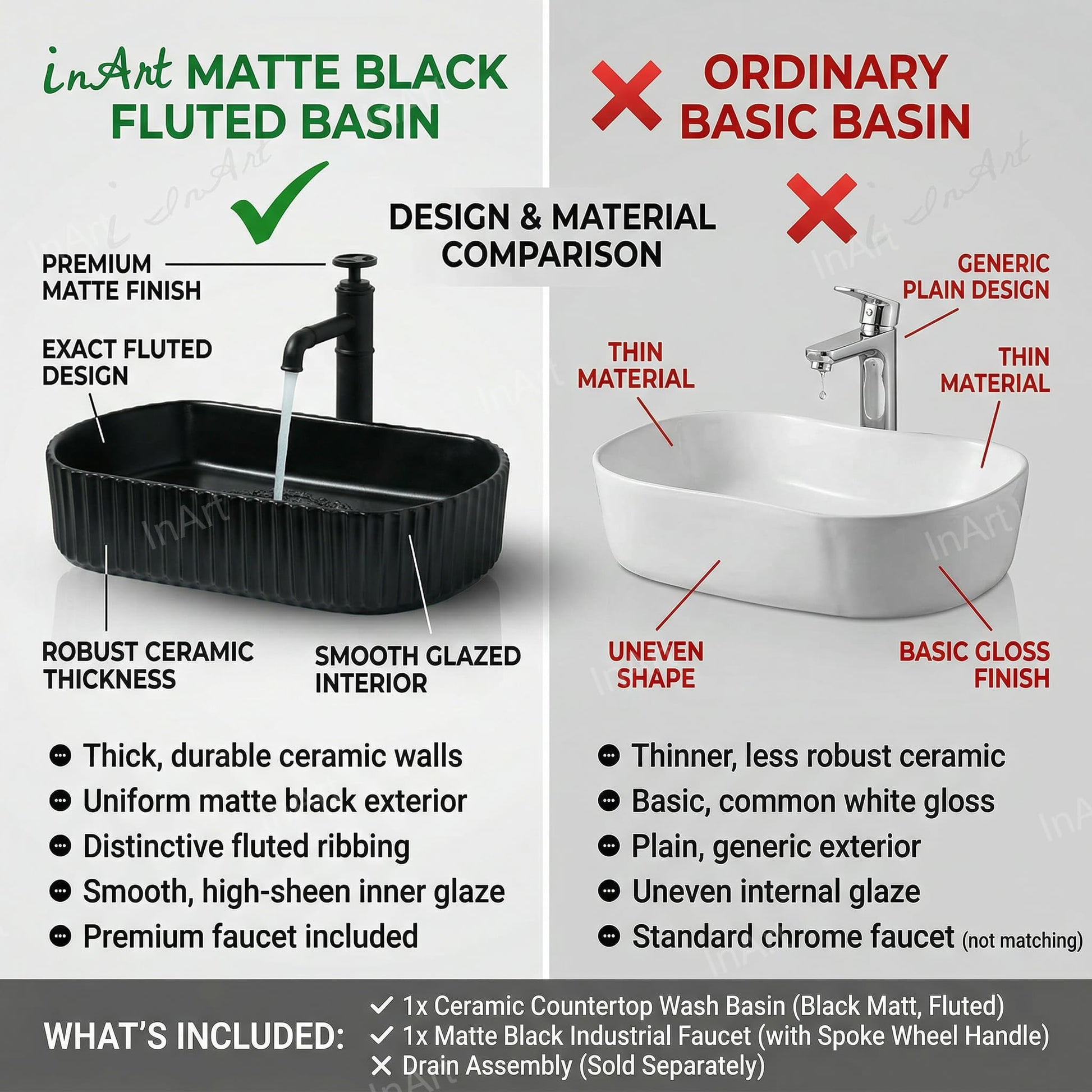 Rectangular table top wash basin in black matt on vanity counter, modern bathroom interior look