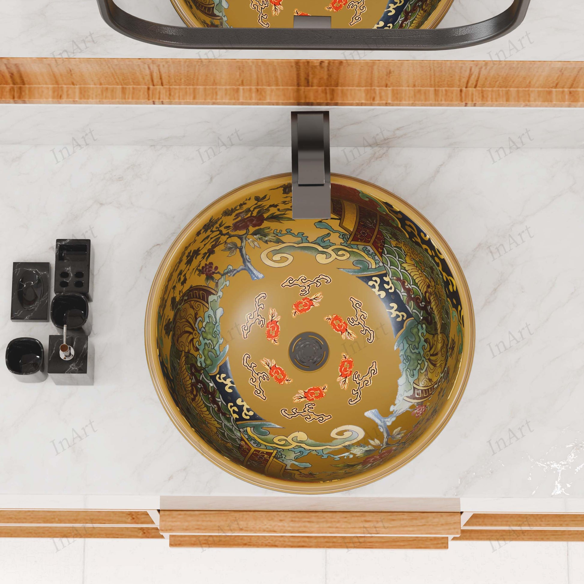 Cool bathroom sinks for home or hotel, ceramic designer wash basin with vibrant Moroccan print, top view