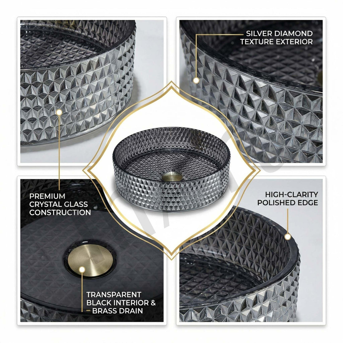 InArt luxury wash basin in tempered glass, square table top design in glossy black silver