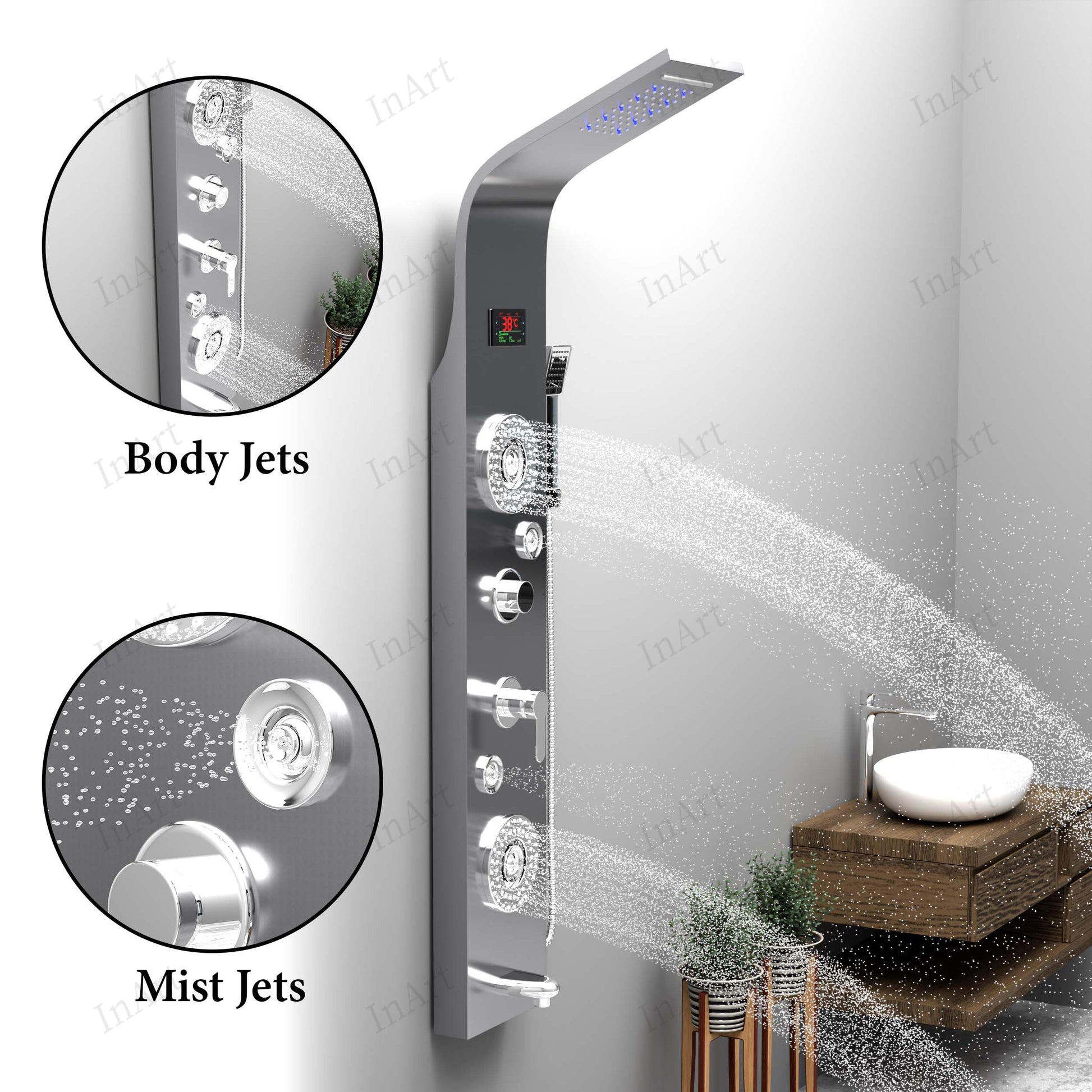 Close-up of body massage jets on brushed chrome shower panel, 304 stainless steel rectangular tower system