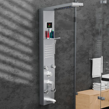 InArt SS304 shower panel for bathroom, rectangular thermostatic shower system with LED rainfall shower front view