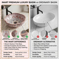 InArt ceramic table top wash basin cabinet design idea, pink round basin on wooden counter