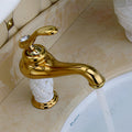 Waterfall basin tap spout detail in gold white, wide flow outlet for premium bathroom wash basin tap design