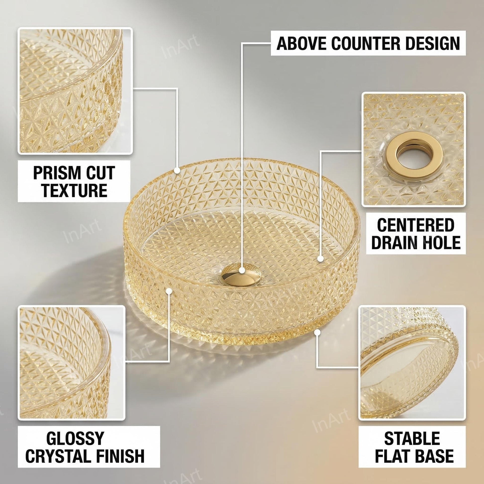 Top view of round counter top wash basin in gold finish for modern washroom décor