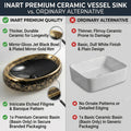 InArt ceramic wash basin table top for dining room wash area, premium black gold rectangular basin