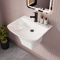 InArt wall hanging wash basin installed in modern bathroom interior, rectangular glossy white basin with half pedestal
