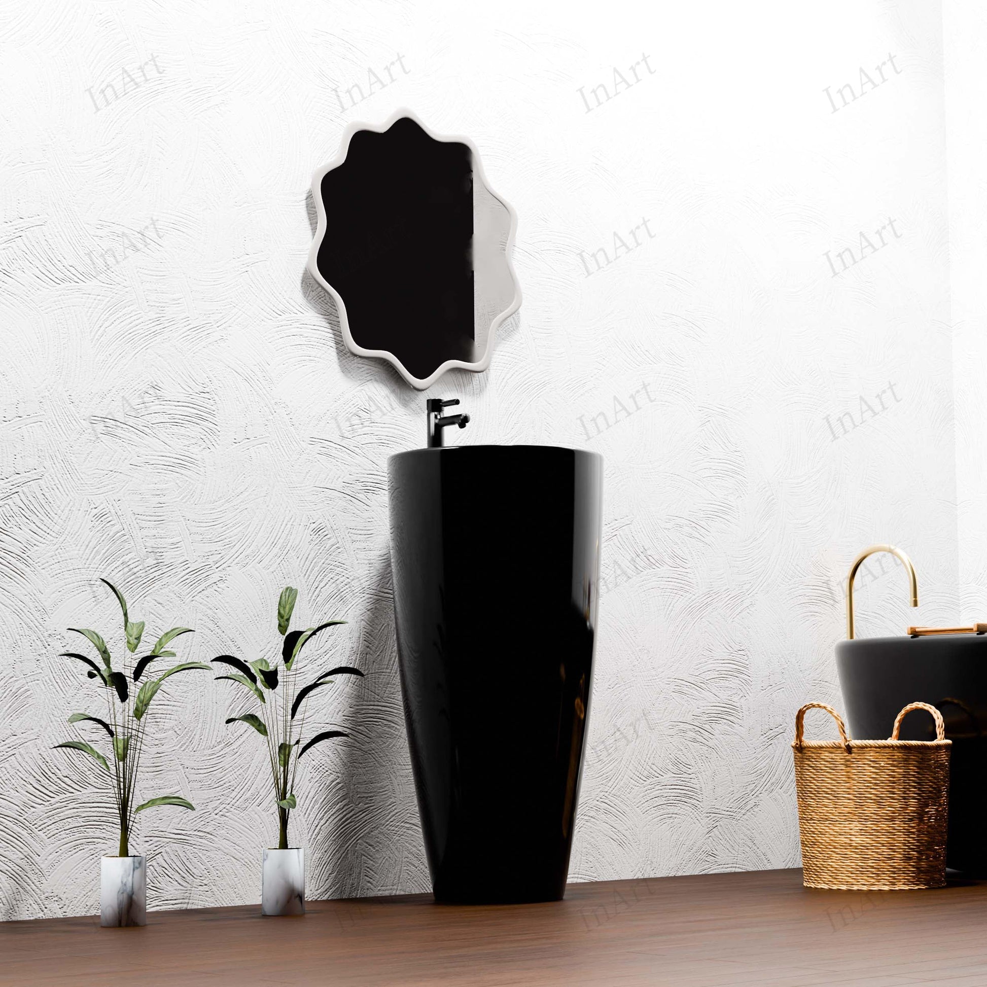 One piece pedestal wash basin with tap hole, glossy black ceramic basin top view showing round bowl depth