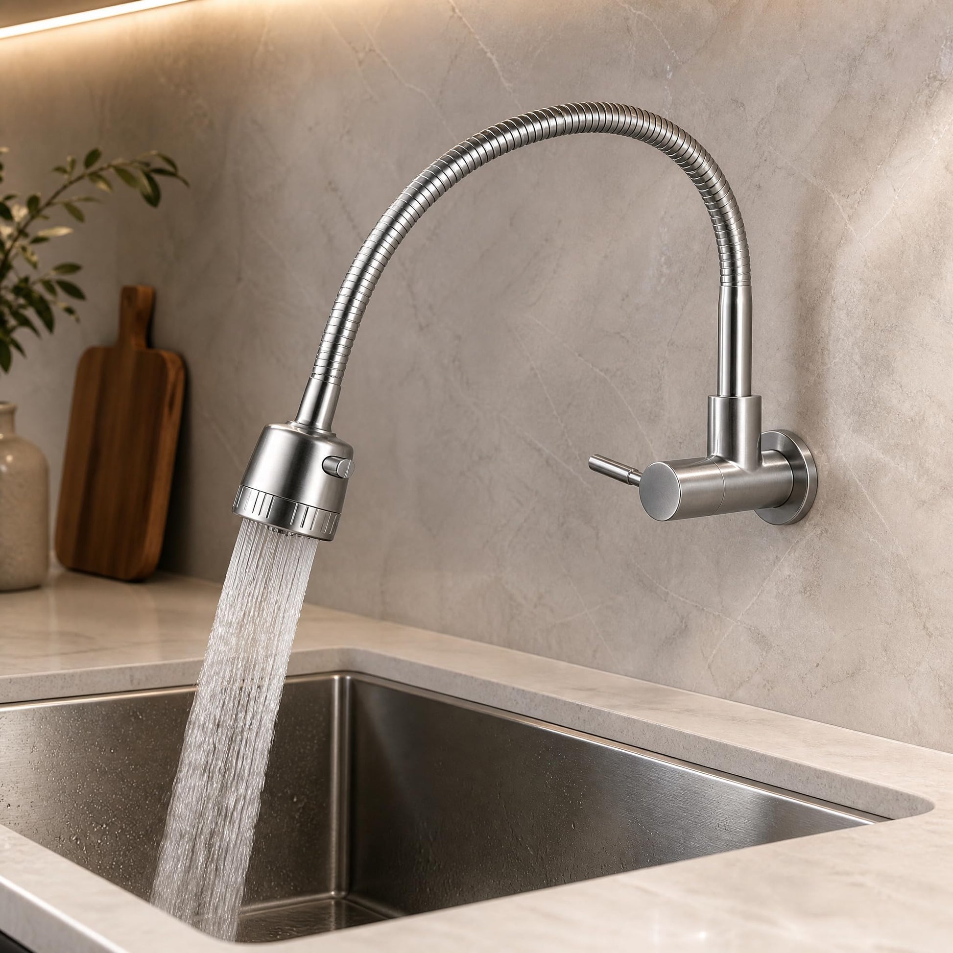 Side lever close-up on flexible gooseneck wall mounted kitchen faucet