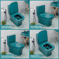 Dual flush button detail on green ceramic western toilet, compact one piece commode for modern Indian washroom