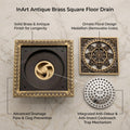 Square antique brass floor drain jali with anti-foul cockroach trap, angled view for bathroom
