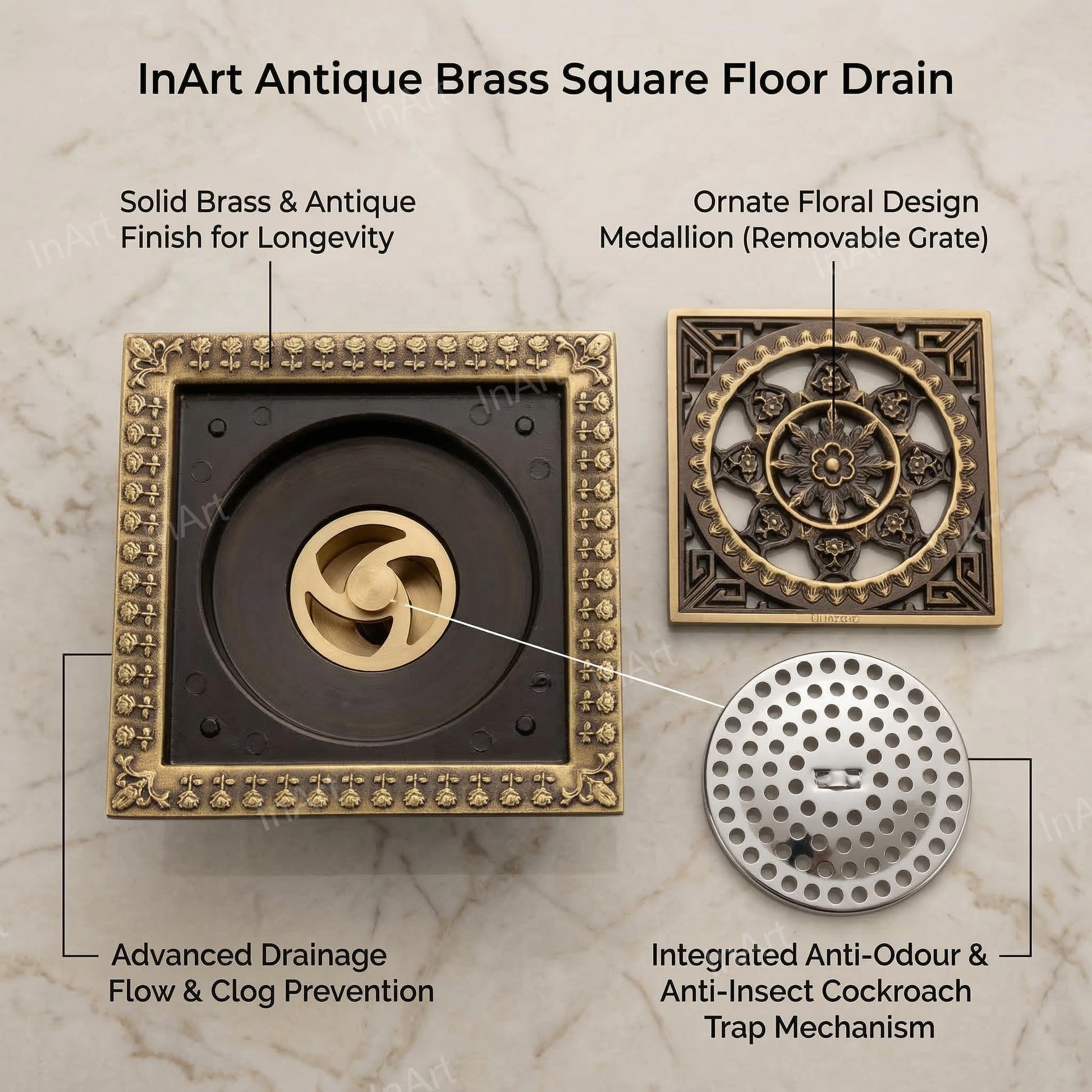 Square antique brass floor drain jali with anti-foul cockroach trap, angled view for bathroom