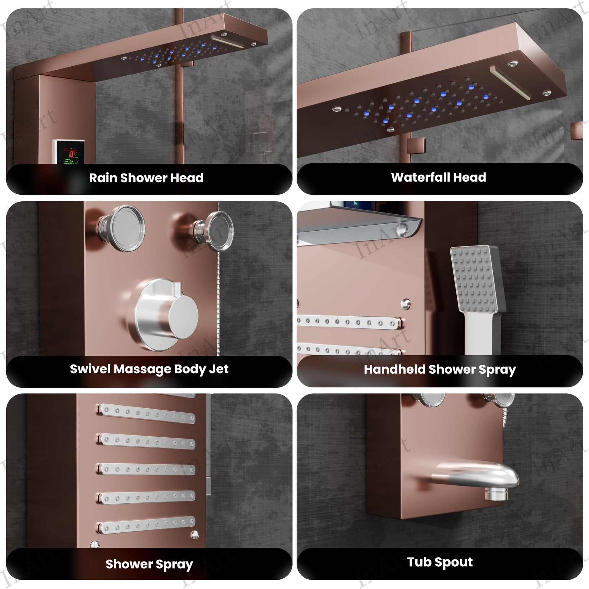 InArt multifunction ss shower panels rose gold