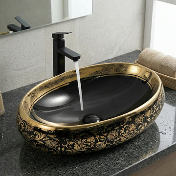 InArt ceramic table top wash basin design, rectangular black gold counter top basin front view