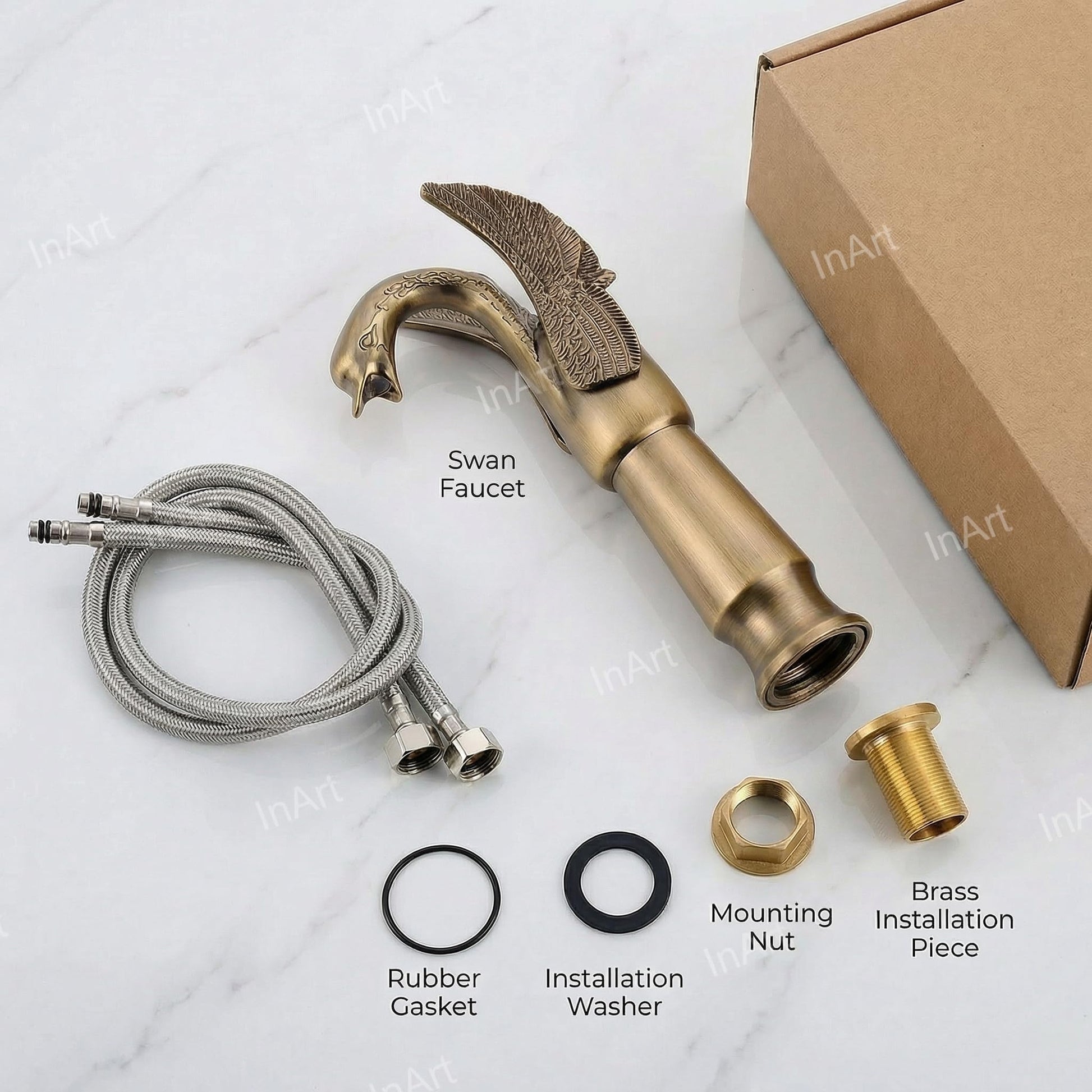 Top view of swan neck basin swan neck tap in antique brass, single lever basin tap for hot and cold water
