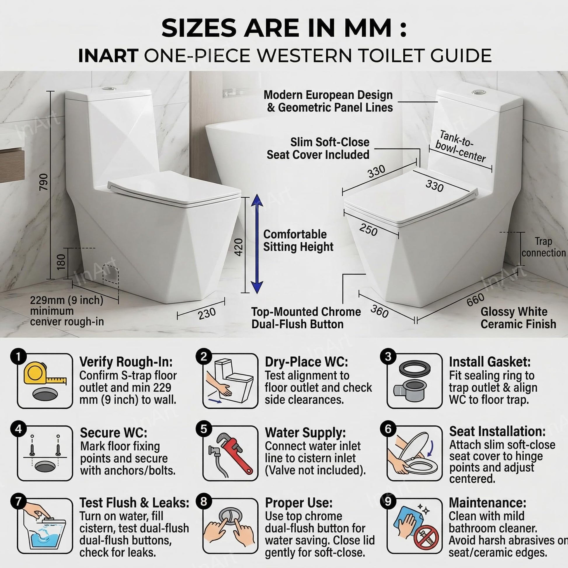 InArt one piece ceramic toilet commode with soft close seat, modern bathroom sanitaryware look