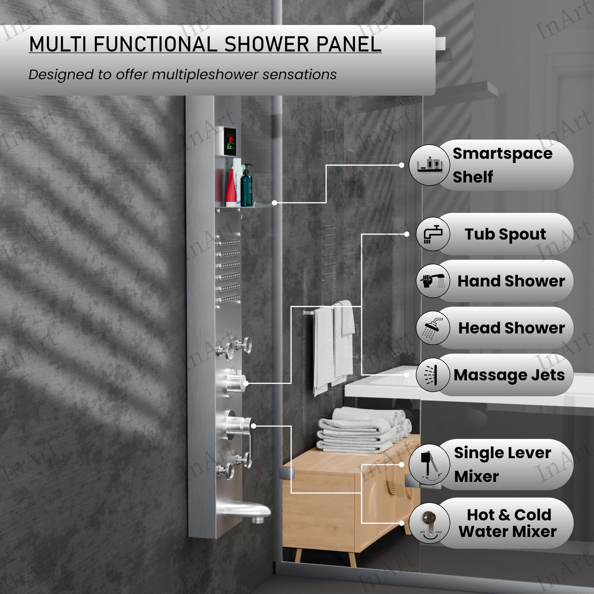 InArt shower with panels, brushed finish, digital temperature display