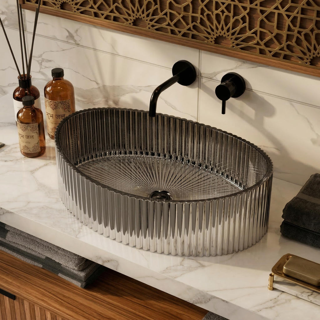InArt hindware table top wash basin style in glossy black oval glass, countertop main view