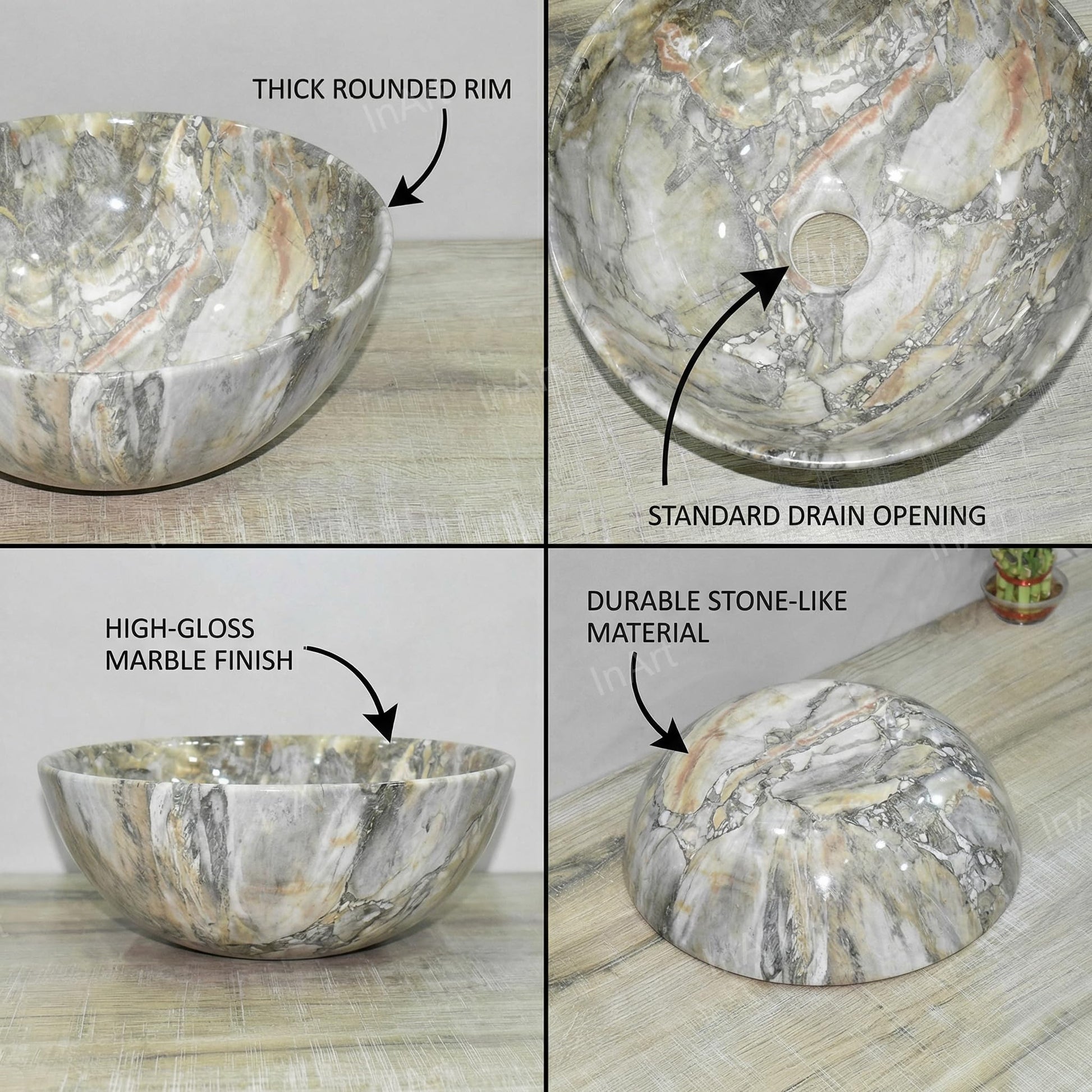 InArt round table top wash basin design for bathroom, green marble glossy ceramic basin side angle