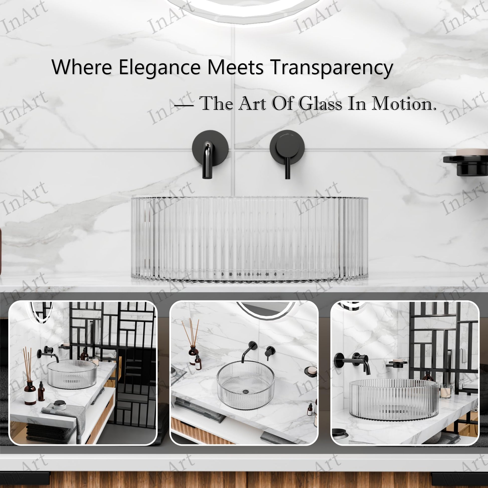 Modern transparent glass wash basin, round design, InArt