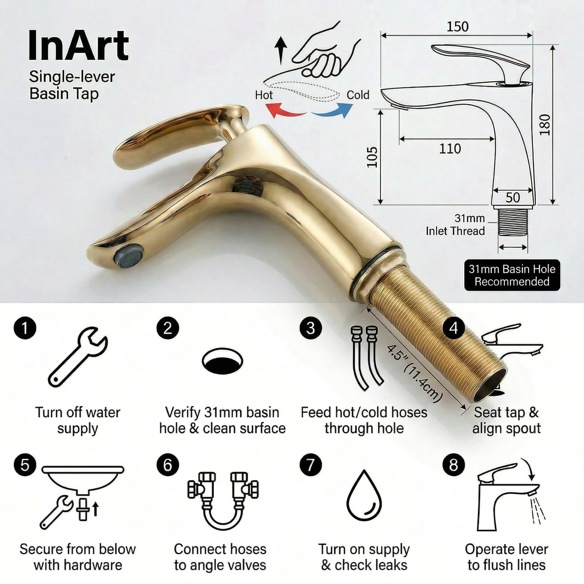 InArt basin mixer tap installed on wash basin, gold tap for modern bathroom interior
